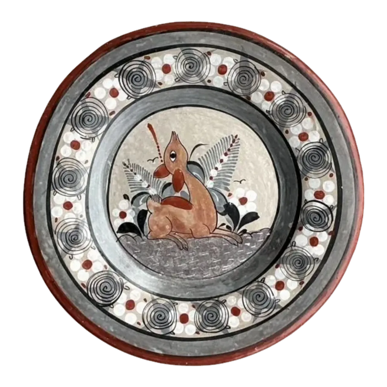 Vintage Boho Hand Painted Terracotta Plate With Fawn