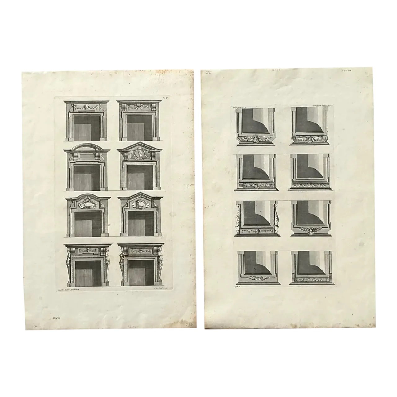 Vintage Boho Italian Architectural Pediment Drawings Original Print- Set of 2