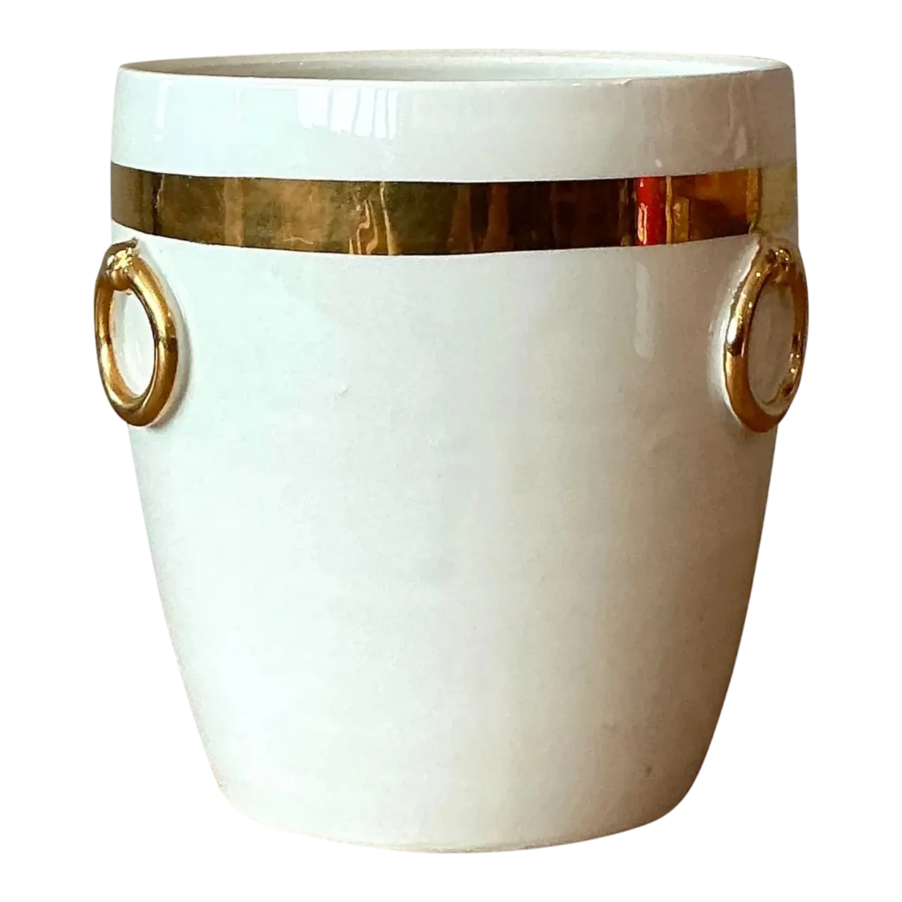 Vintage Boho Italian Glazed Ceramic Gold Rings Cache Pot