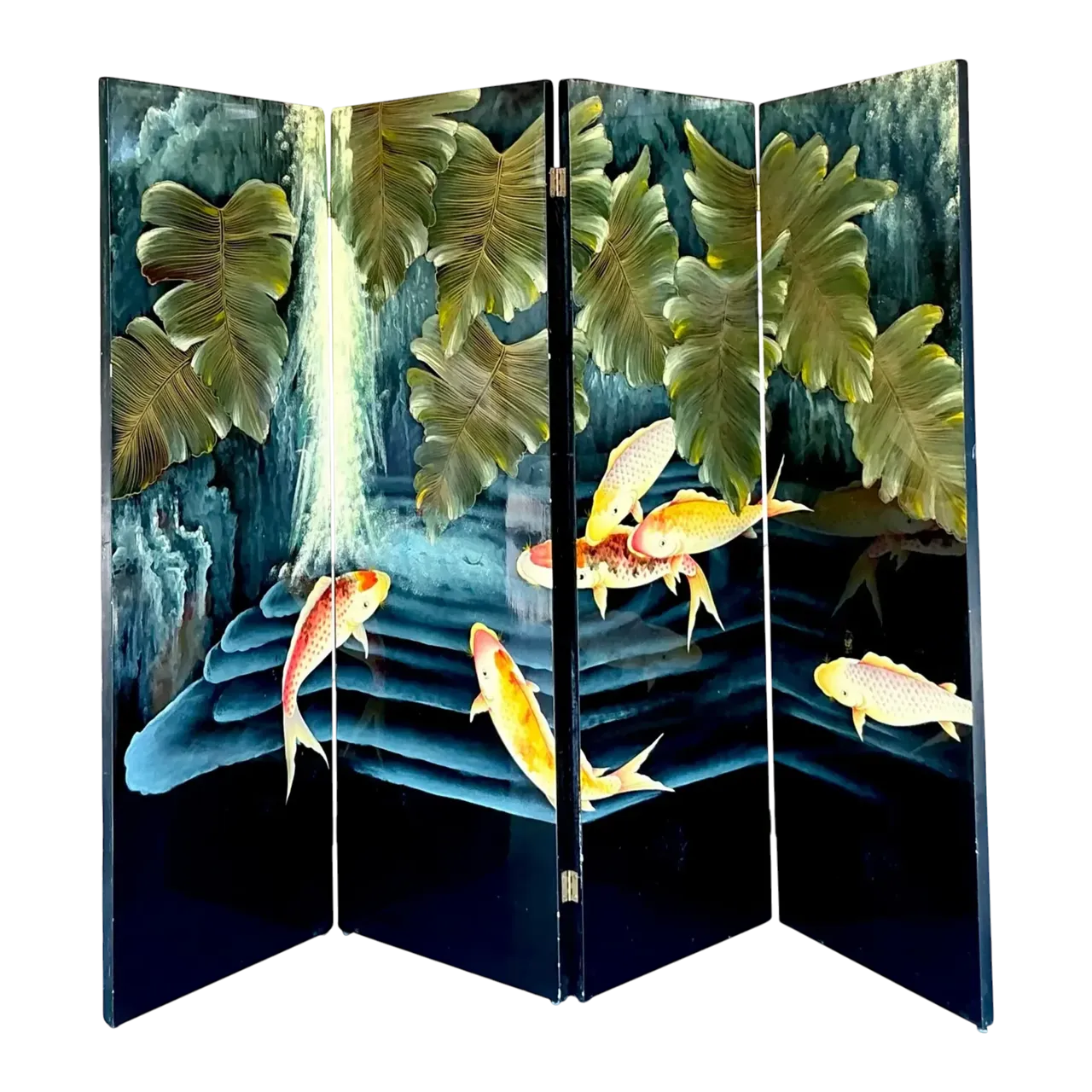 Vintage Boho Lacquered Koi Screen