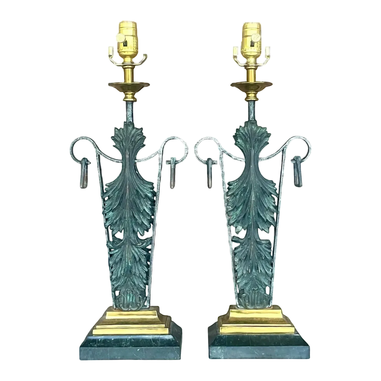 Vintage Boho Maitland Smith Patinated Fleur De Lys Lamps - a Pair