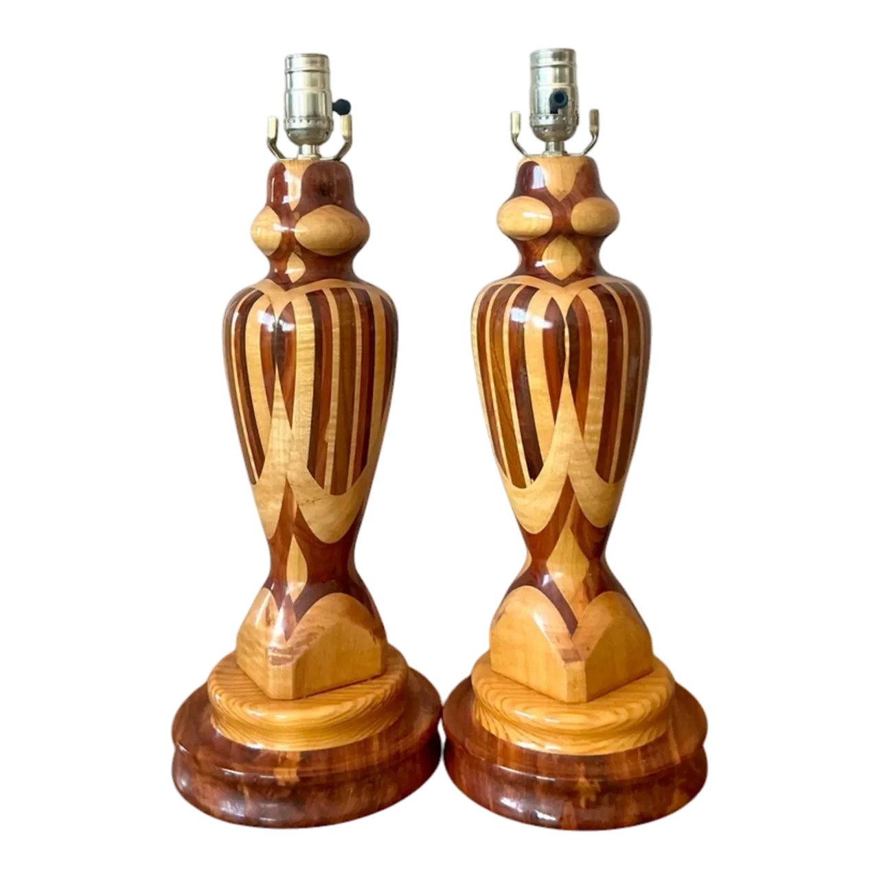 Vintage Boho Marquetry Wood Lamps - A Pair