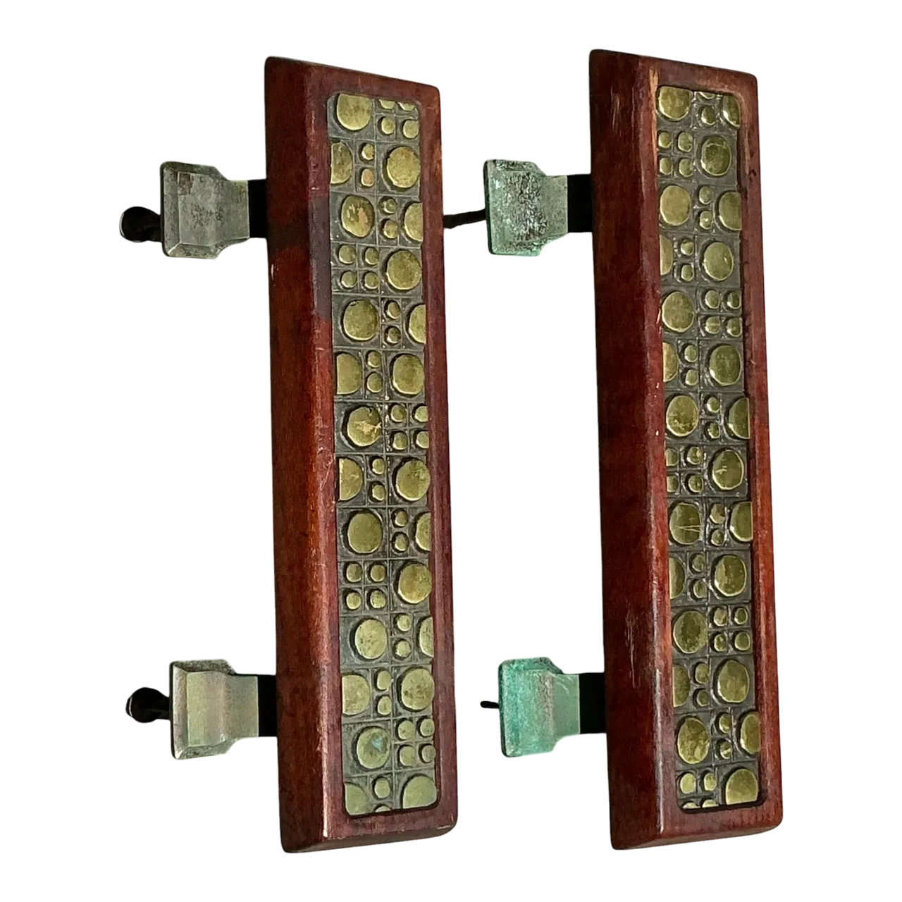 Vintage Boho Mid-Century Modern Patinated Abstract Geometric Door Pulls - a Pr