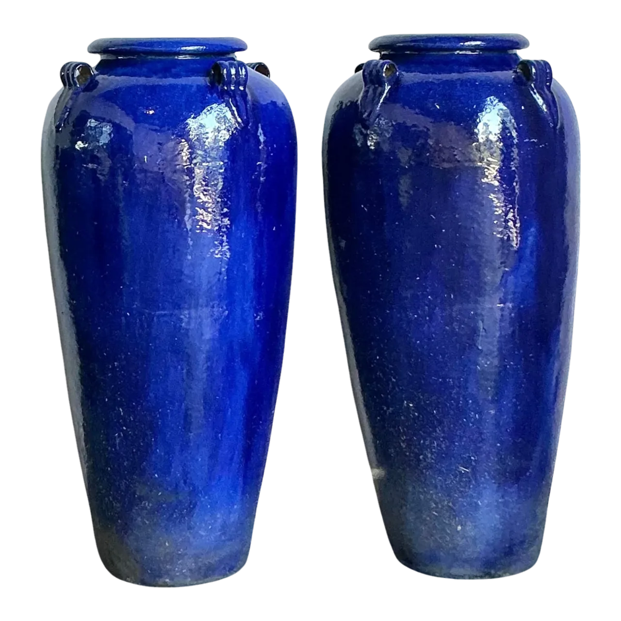 Vintage Boho Monumental Cobalt Glazed Ceramic Urns - A Pair