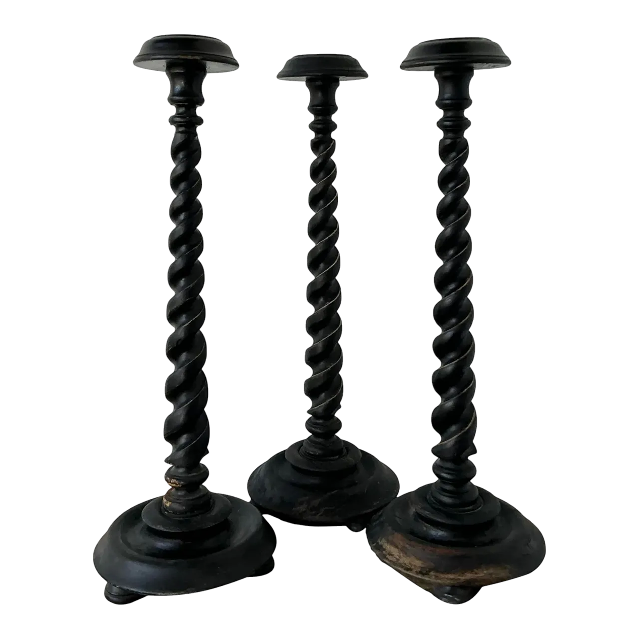 Vintage Boho Monumental Distressed Barley Twist Candlesticks - Set of 3