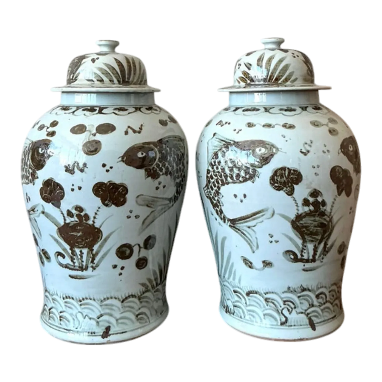 Vintage Boho Monumental Glazed Ceramic Hand Painted Urns - A Pair