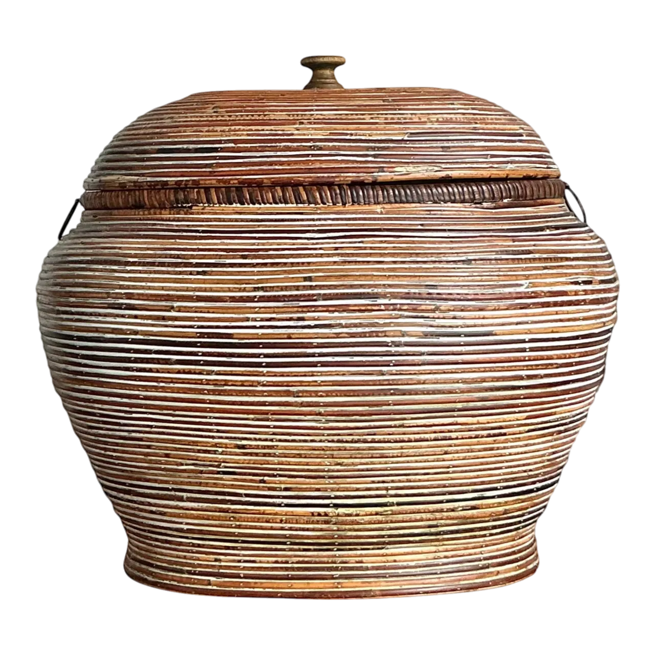 Vintage Boho Monumental Pencil Reed Lidded Basket