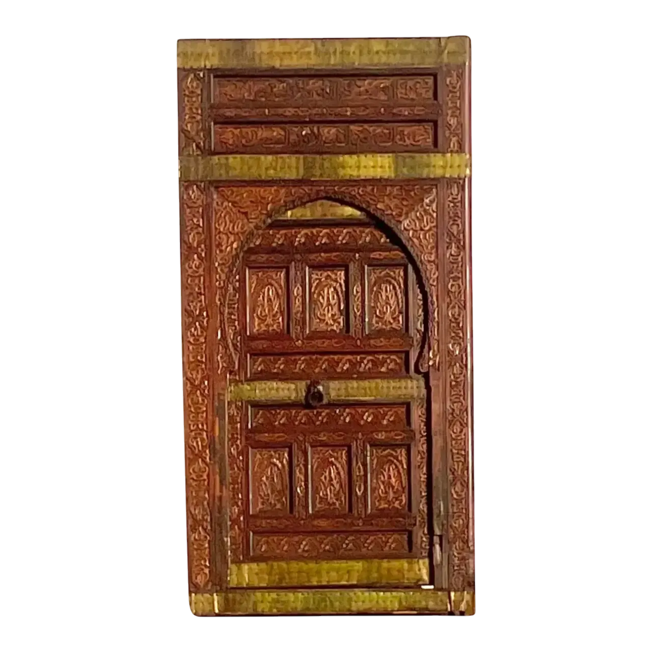 Vintage Boho Moroccan Carved Wooden Door With Brass Detail