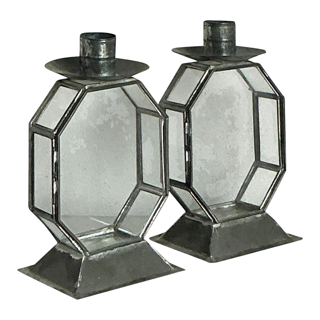 Vintage Boho Octagon Glass Case Candlesticks - A Pair