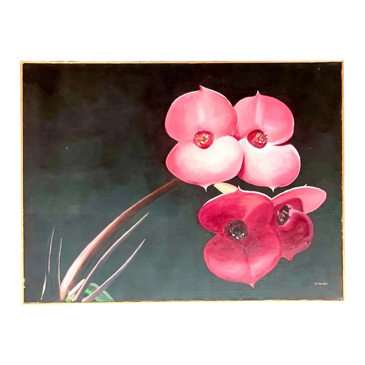 Vintage Boho Op Signed Original Oil Painting of Orchid Blooms