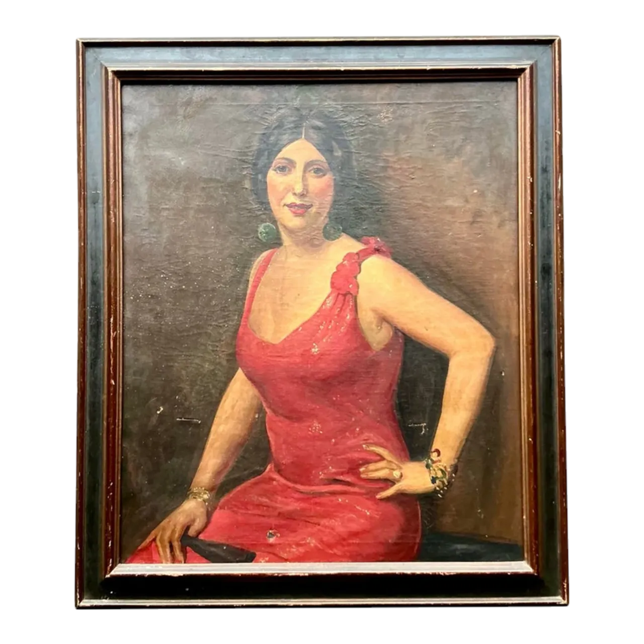 Vintage Boho Original Art Deco Oil Portrait of Woman
