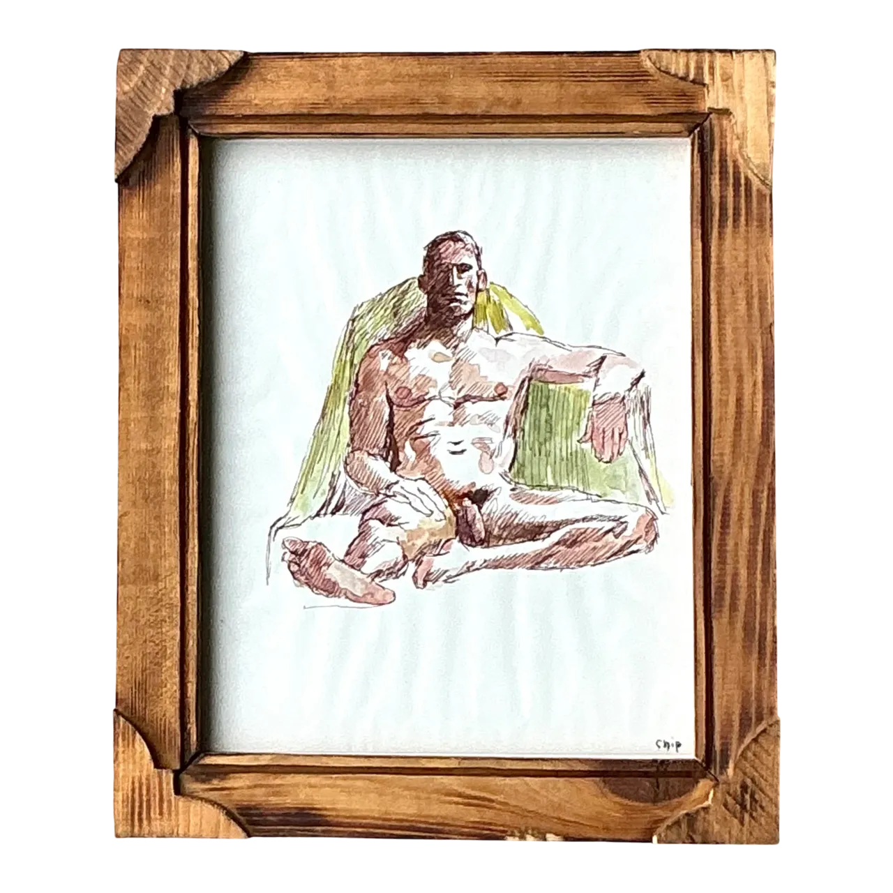 Vintage Boho Original Nude Sketch of Man - Paper, 10W x 12H