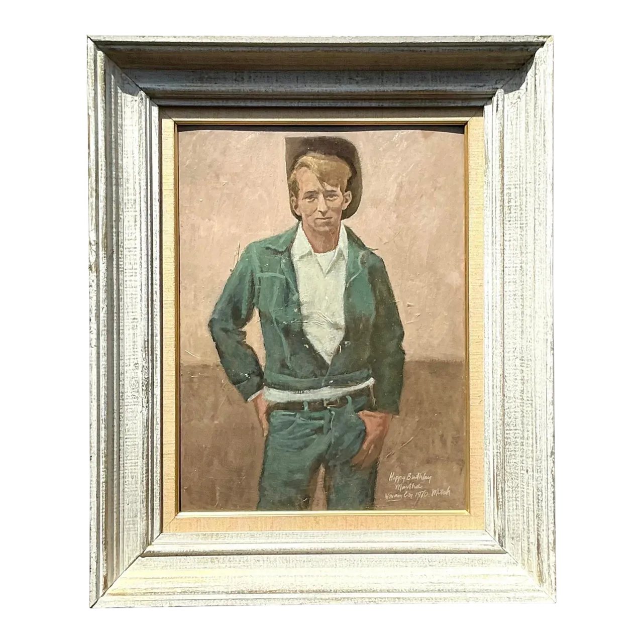 Vintage Boho Original Oil Portrait of Cowboy
