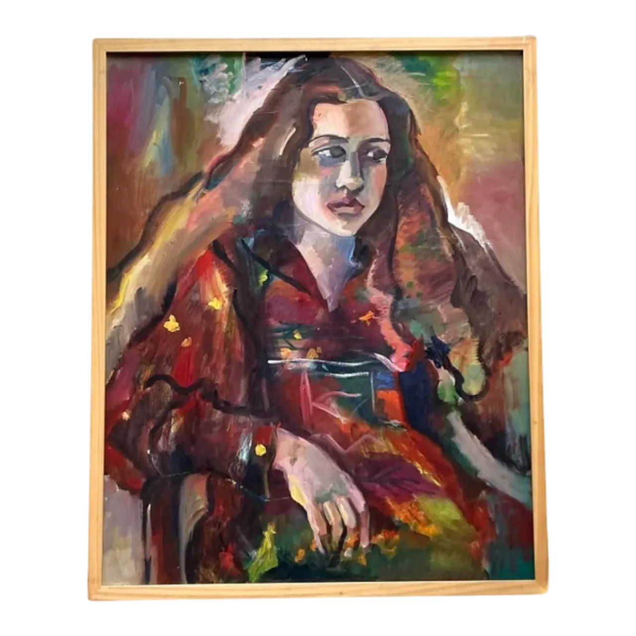 Vintage Boho Original Oil Portrait on Canvas - Wood, 26.5W x 31.25H