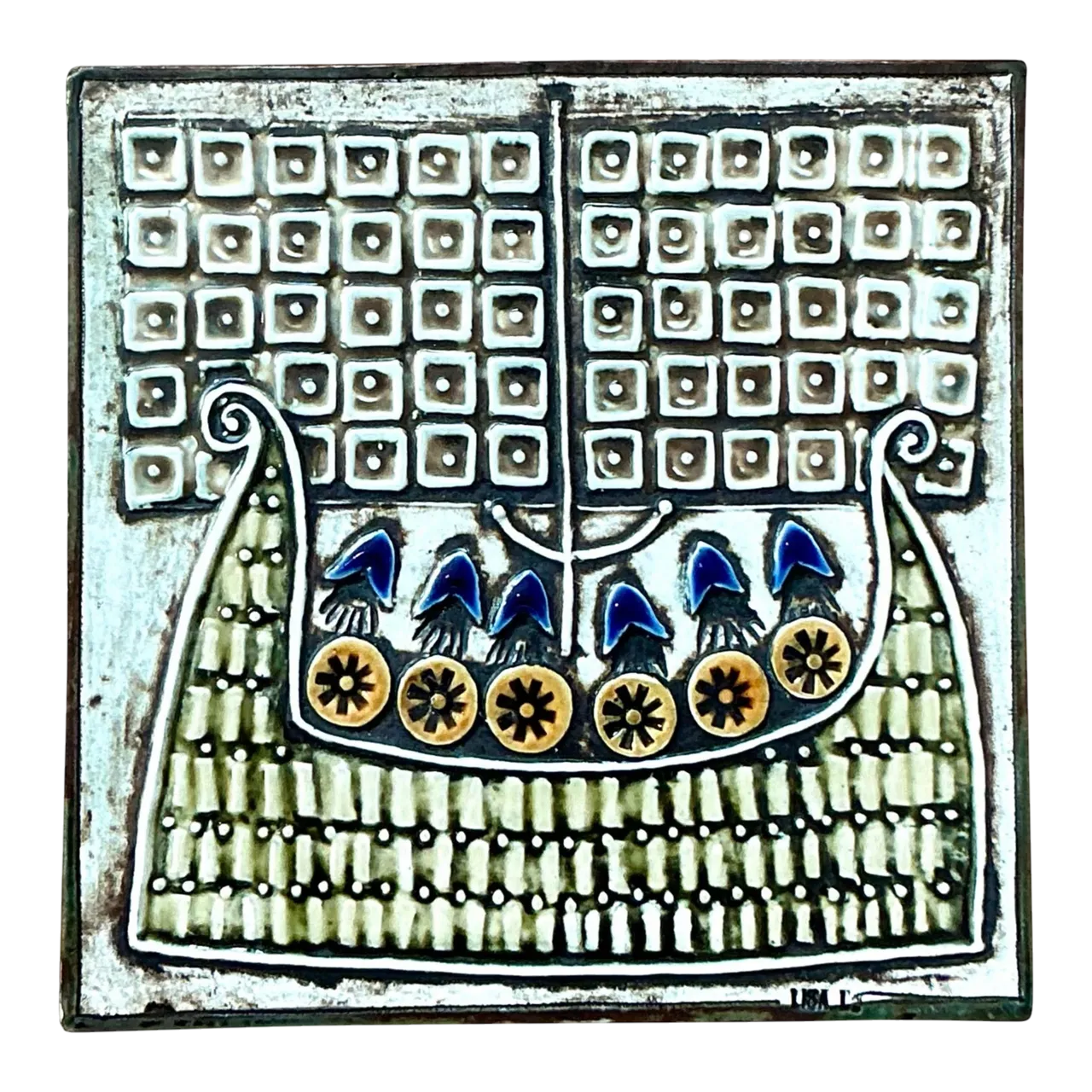 Vintage Boho Original Studio Pottery Viking Ship Tile