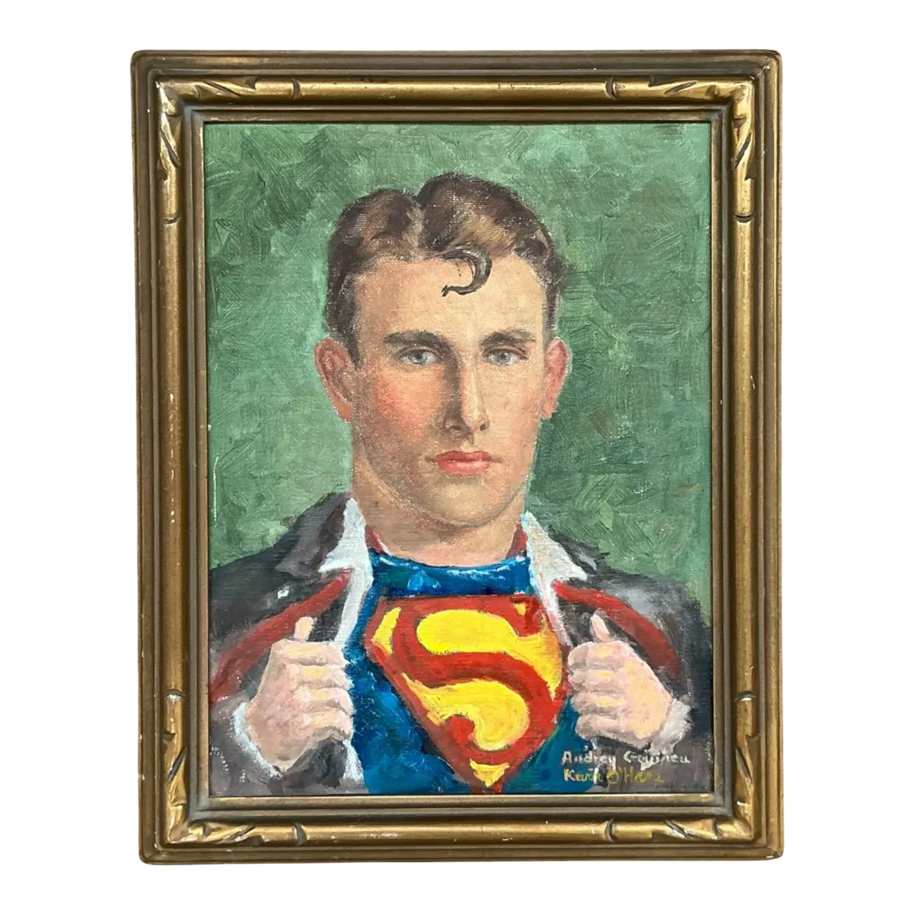 Vintage Boho Original Superman Oil Portrait On Canvas