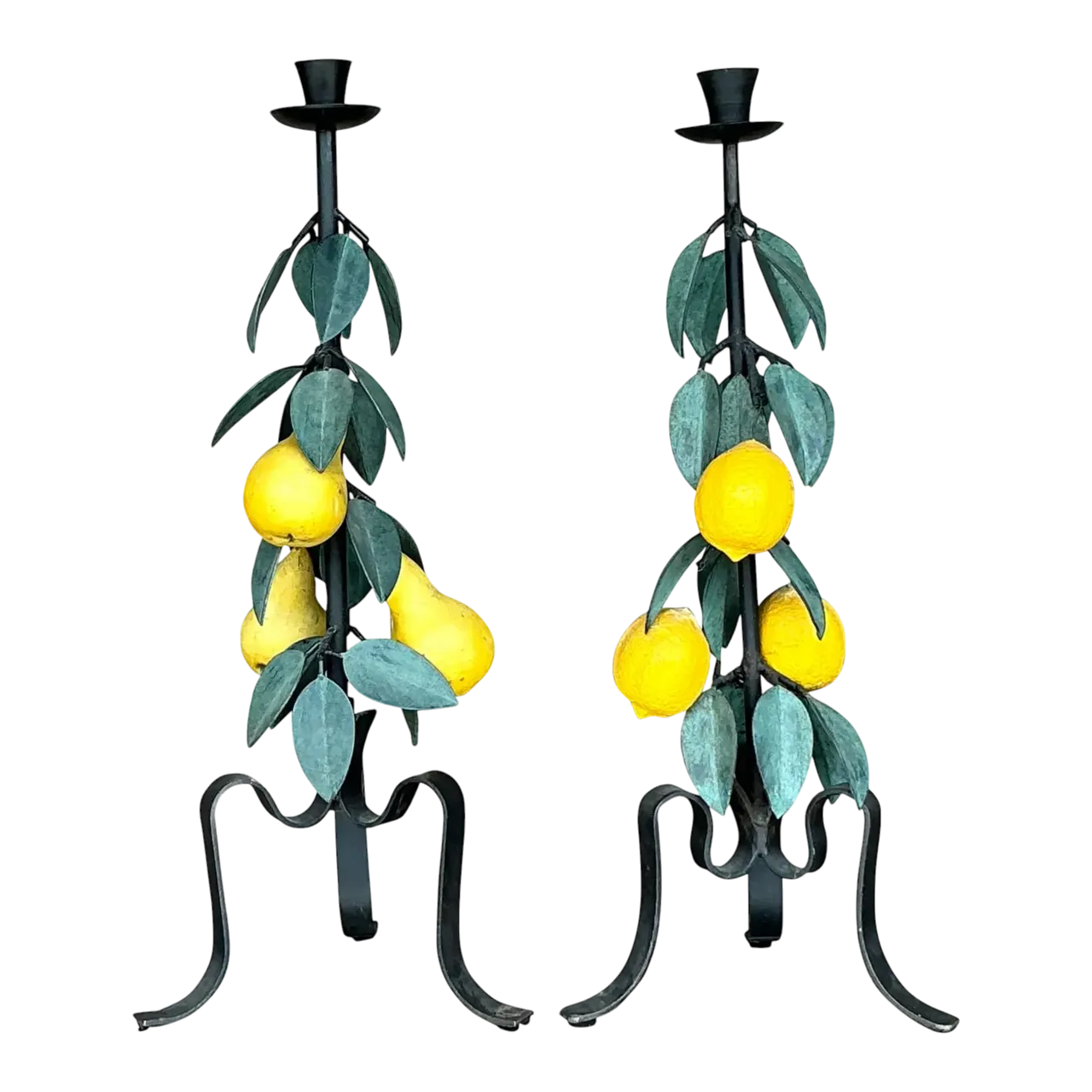 Vintage Boho Painted Metal Lemons and Pears Candlesticks - Set of 2