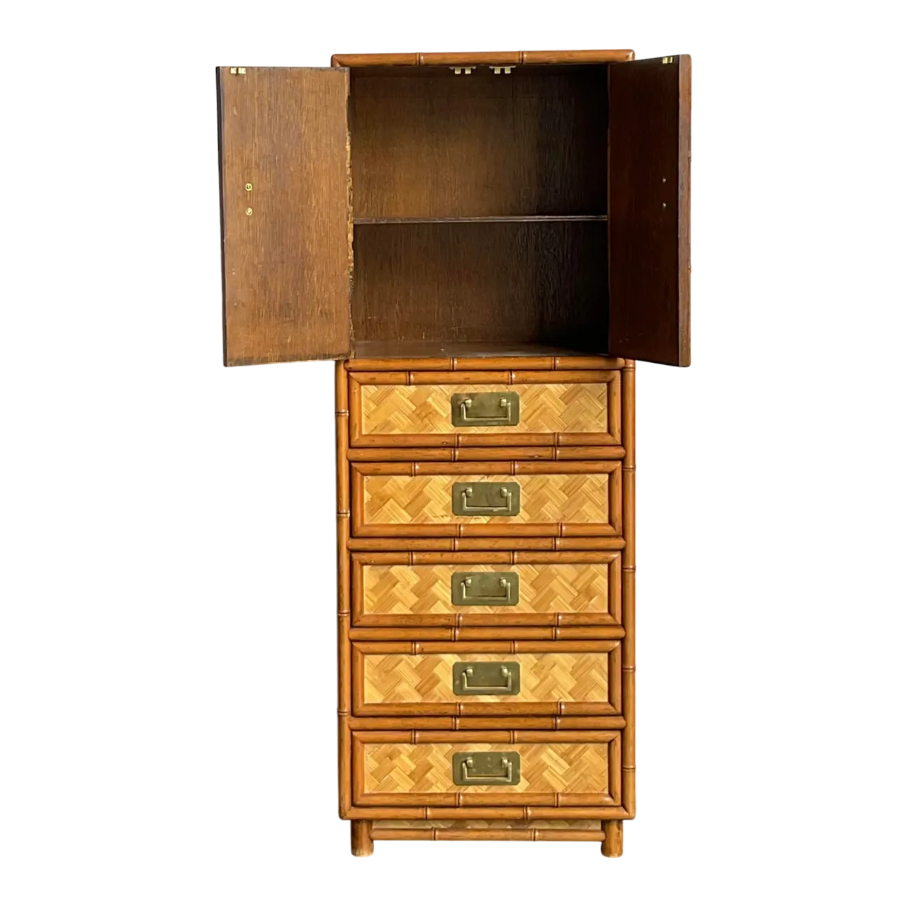 Vintage Boho Parquet Rattan Gentleman’s Chest