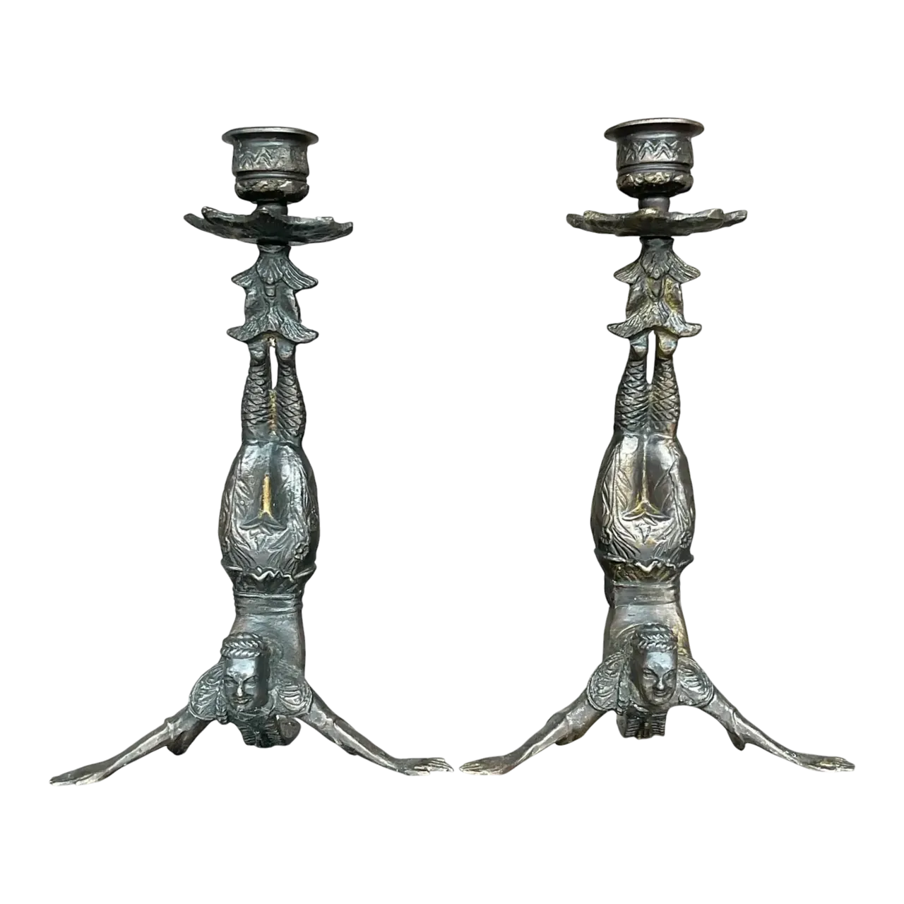 Vintage Boho Patinated Acrobat Candlesticks - a Pair