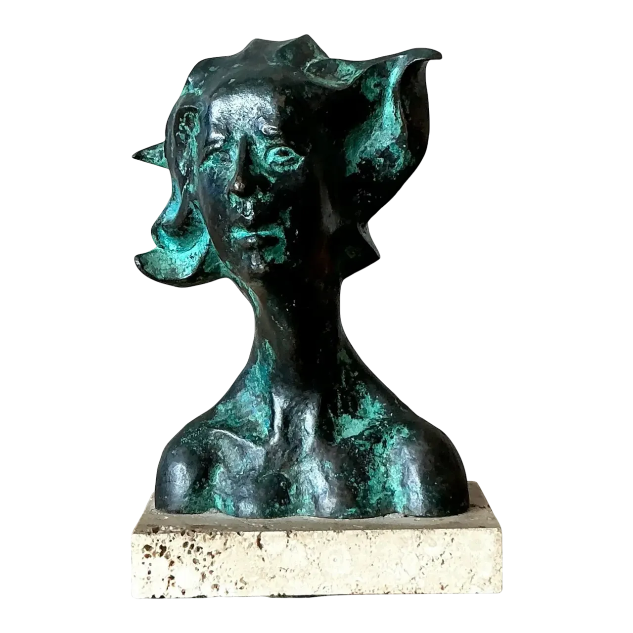 Vintage Boho Patinated Bronze Bust of Woman