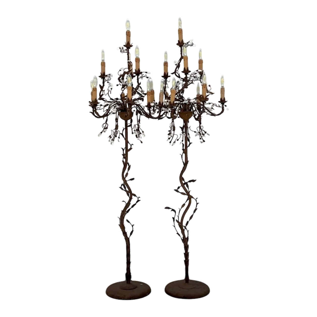 Vintage Boho Patinated Crystal Teardrop Floor Chandelier Lamps - a Pair