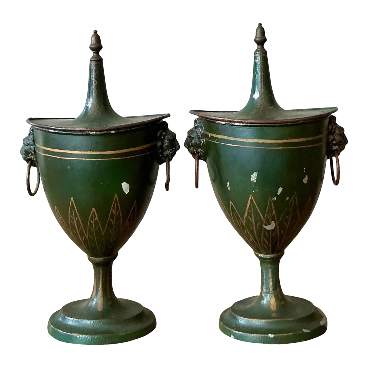 Vintage Boho Patinated French Tole Urns - A Pair