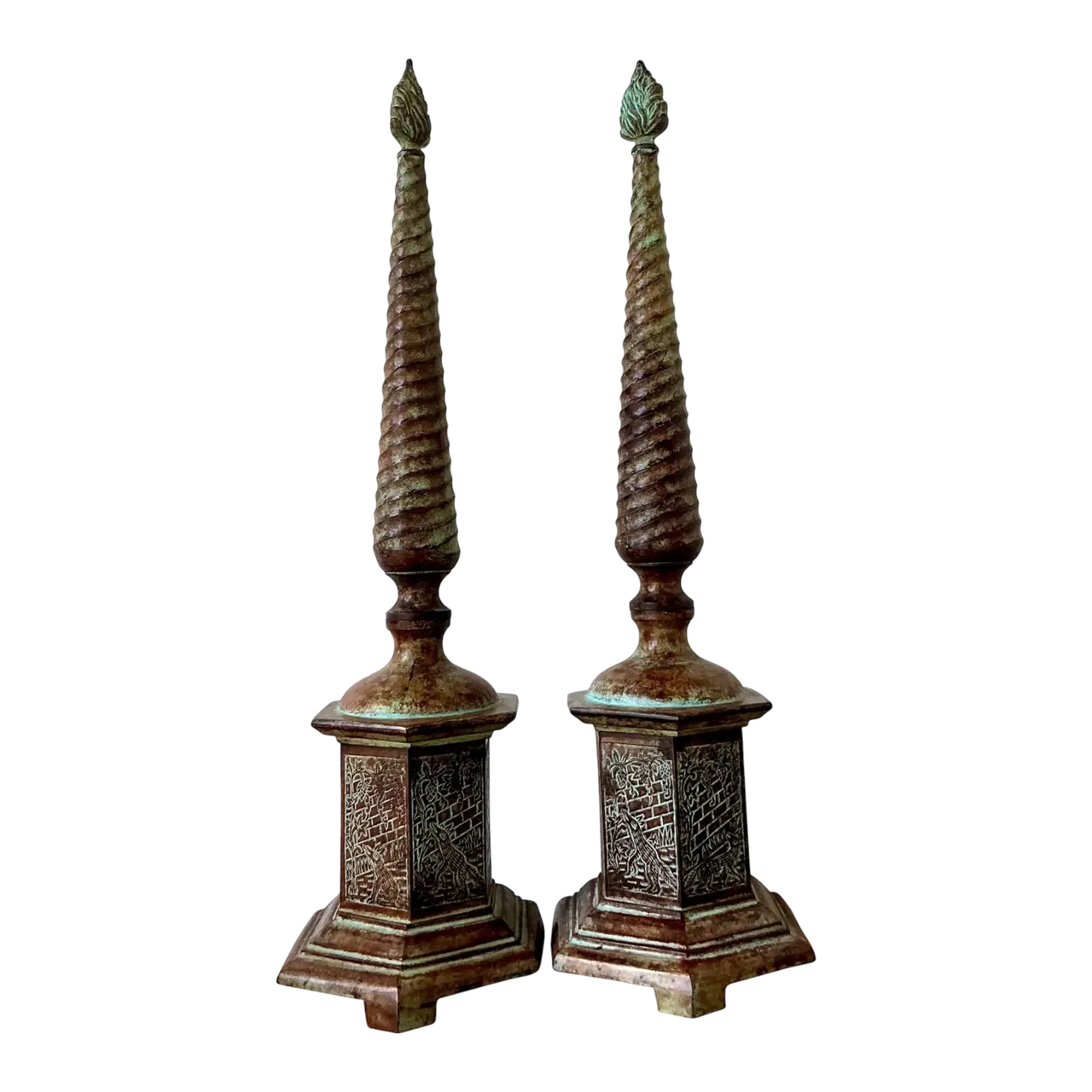 Vintage Boho Patinated Metal Obelisks - A Pair