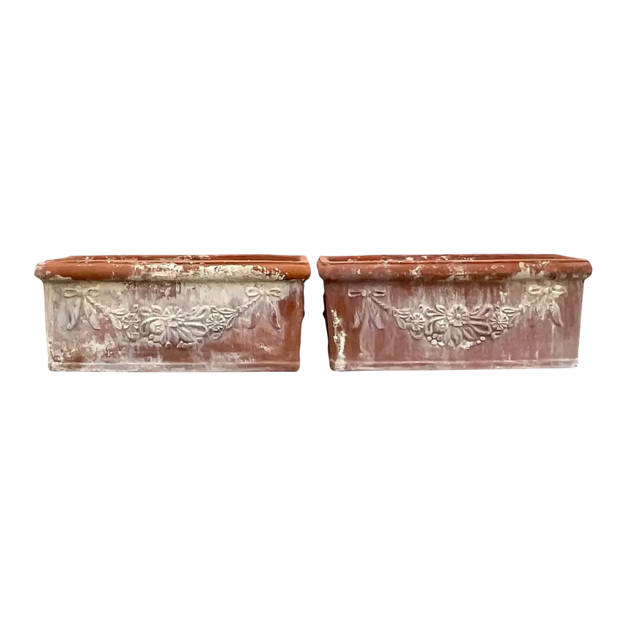 Vintage Boho Patinated Terra Cotta Planter Boxes - a Pair