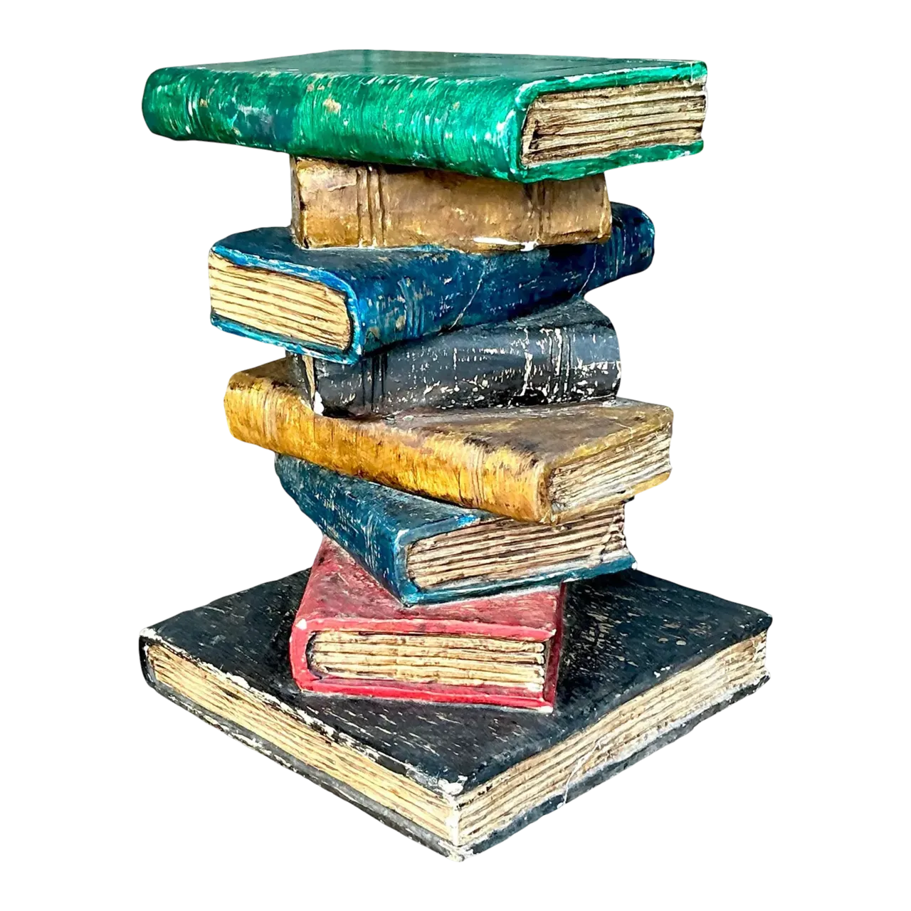 Vintage Boho Polychrome Plaster Stacked Books Side Table