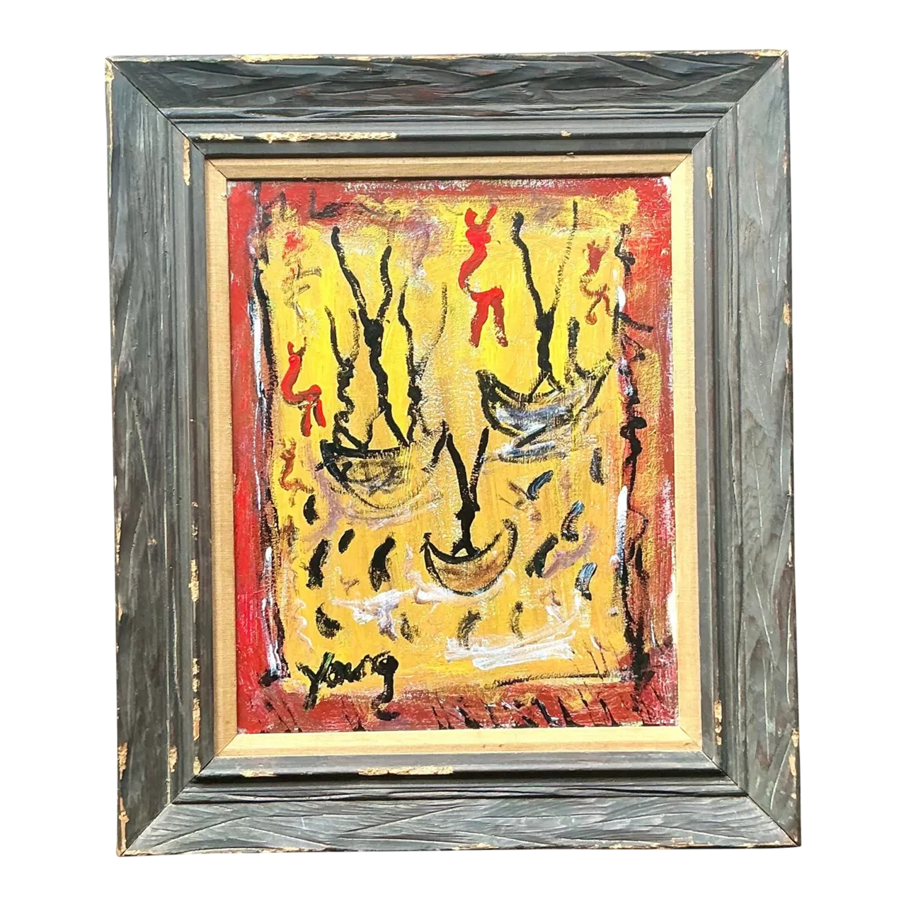 Vintage Boho Purvis Young Abstract Figurative Oil on Canvas