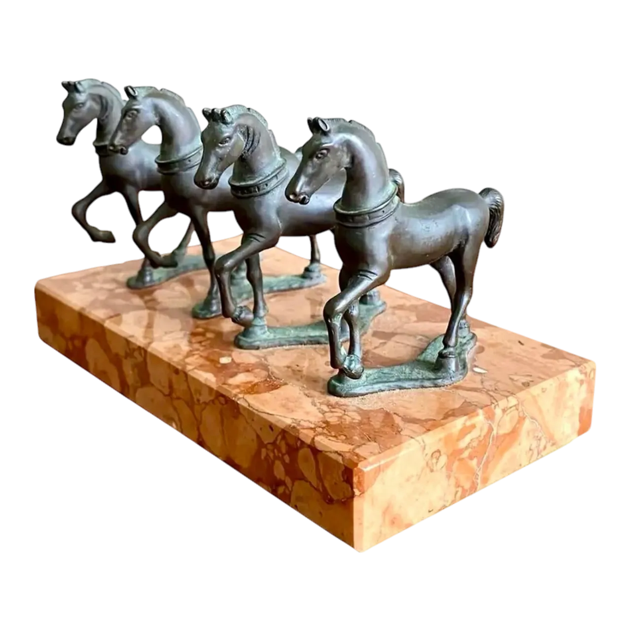 Vintage Boho Quadruple Bronze Horse Statute on Marble Base