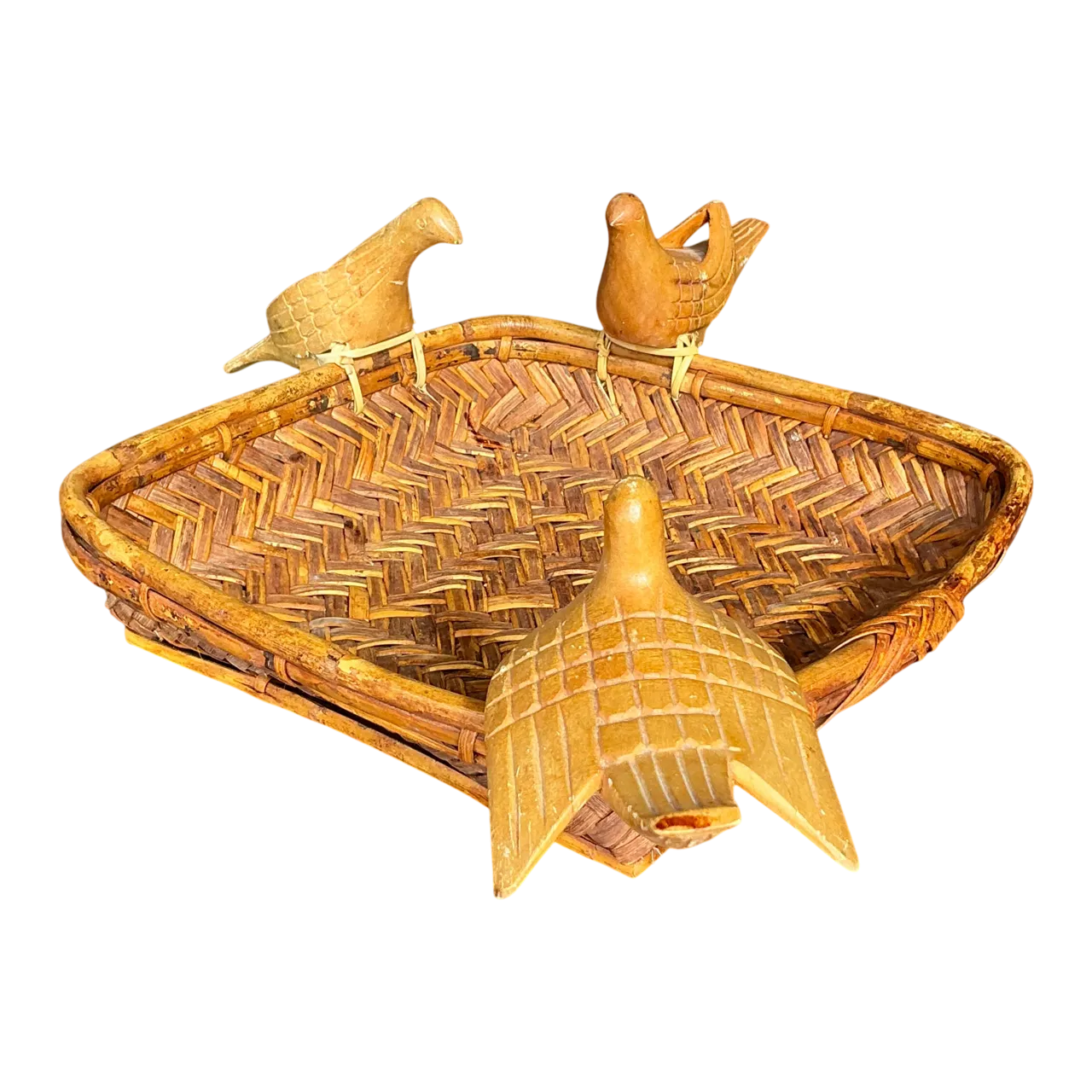 Vintage Boho Rattan Basket with Birds