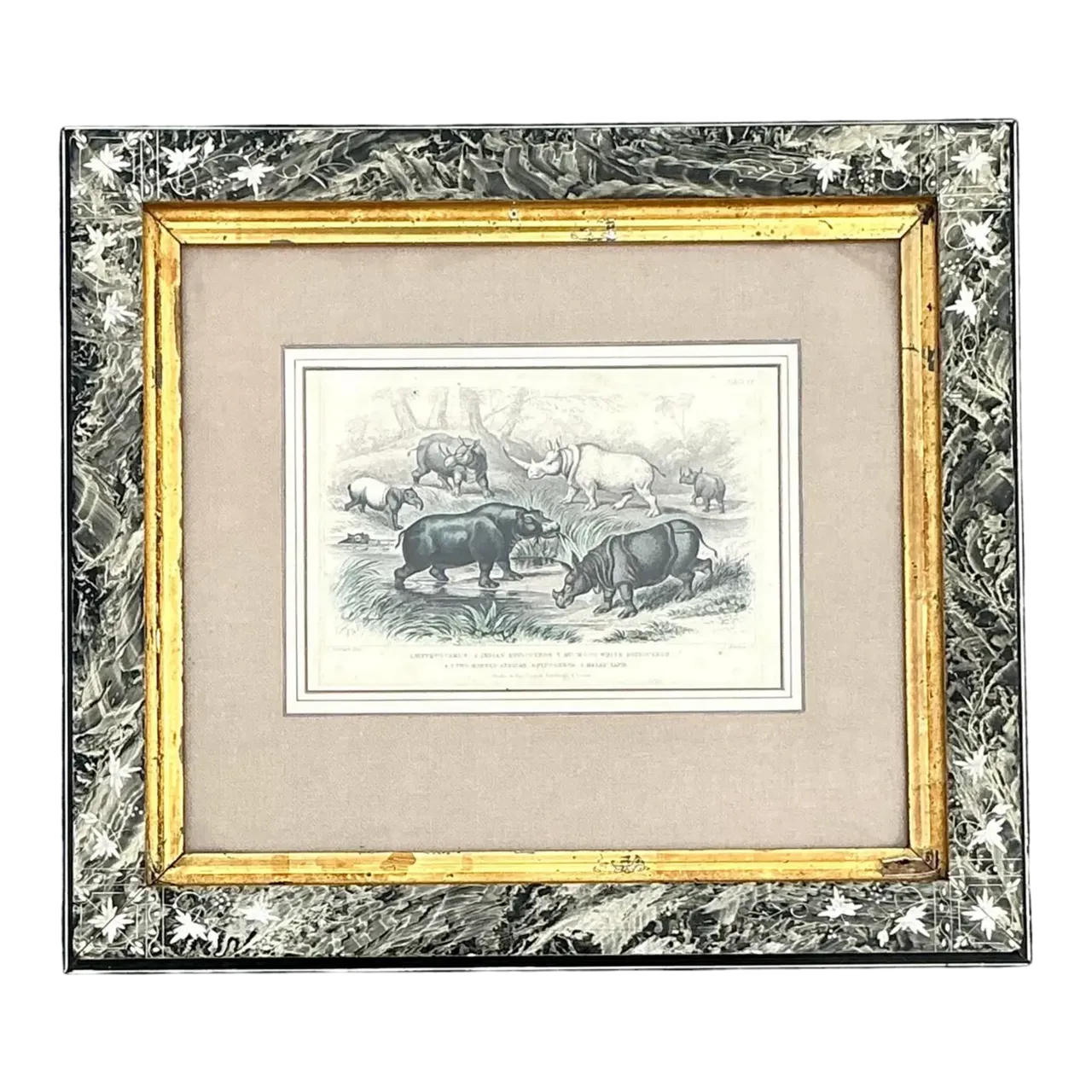Vintage Boho Rhino Engraving in Carved Frame