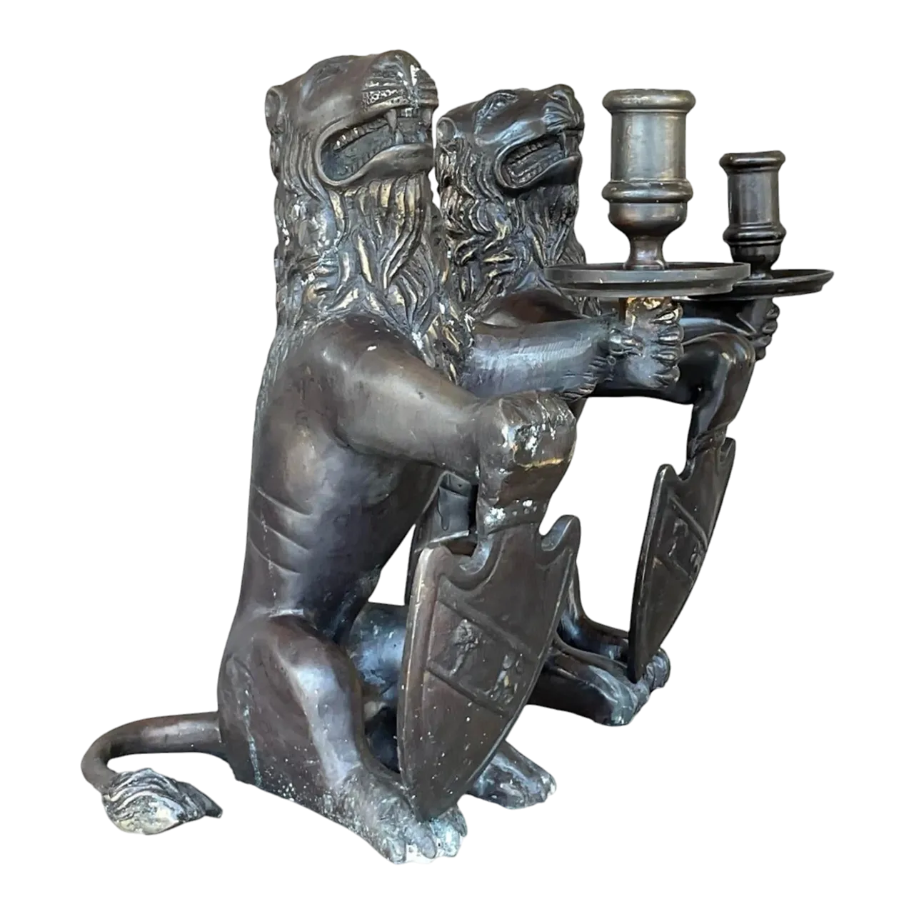 Vintage Boho Sarreid Bronze Heraldic Lion Candlesticks - A Pair