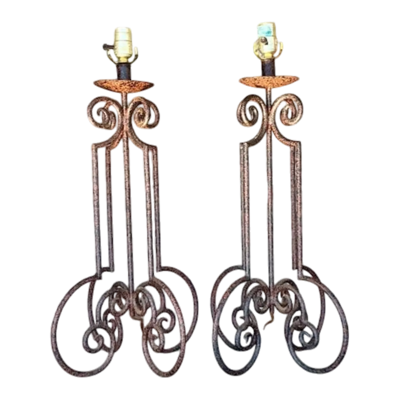 Vintage Boho Scroll Metal Column Lamps - a Pair