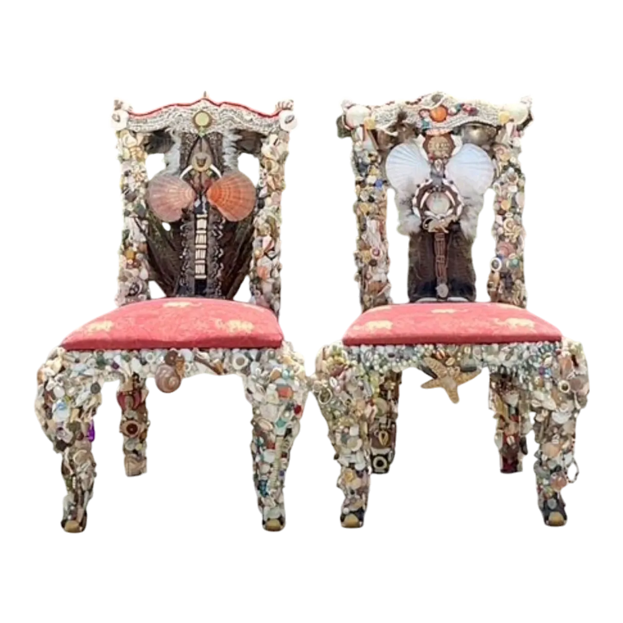 Vintage Boho Shell Encrusted Artisan Chairs - A Pair