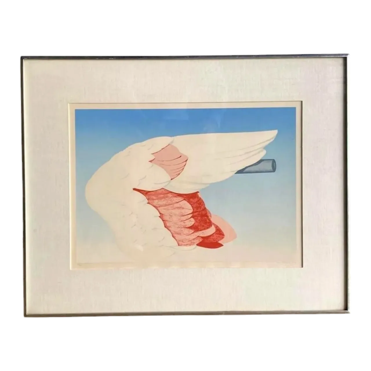 Vintage Boho Signed Original 1972 Lithograph of Flamingo Wing
