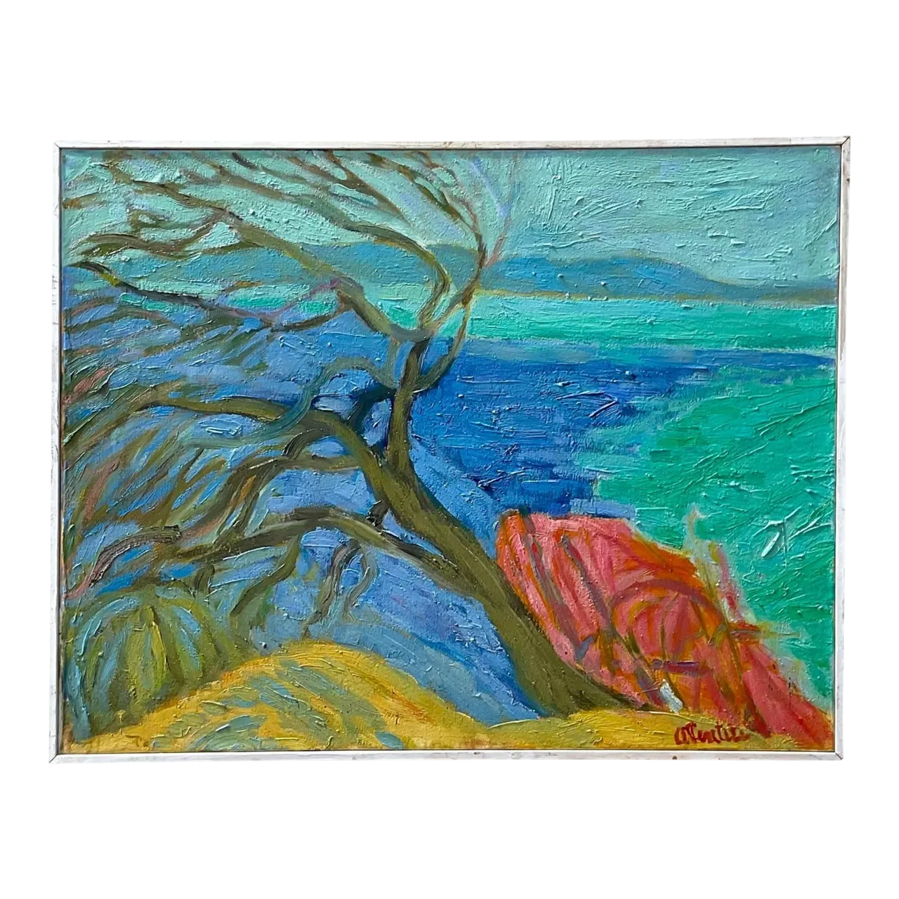 Vintage Boho Signed Original Abstract Expressionist Landscape Oil on Canvas