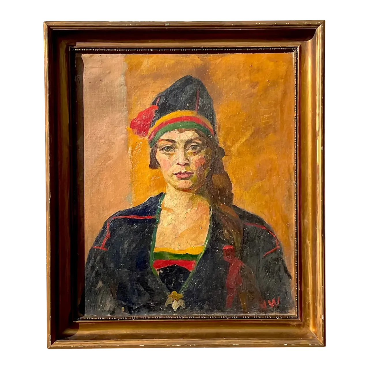 Vintage Boho Signed Original Oil Portrait on Canvas