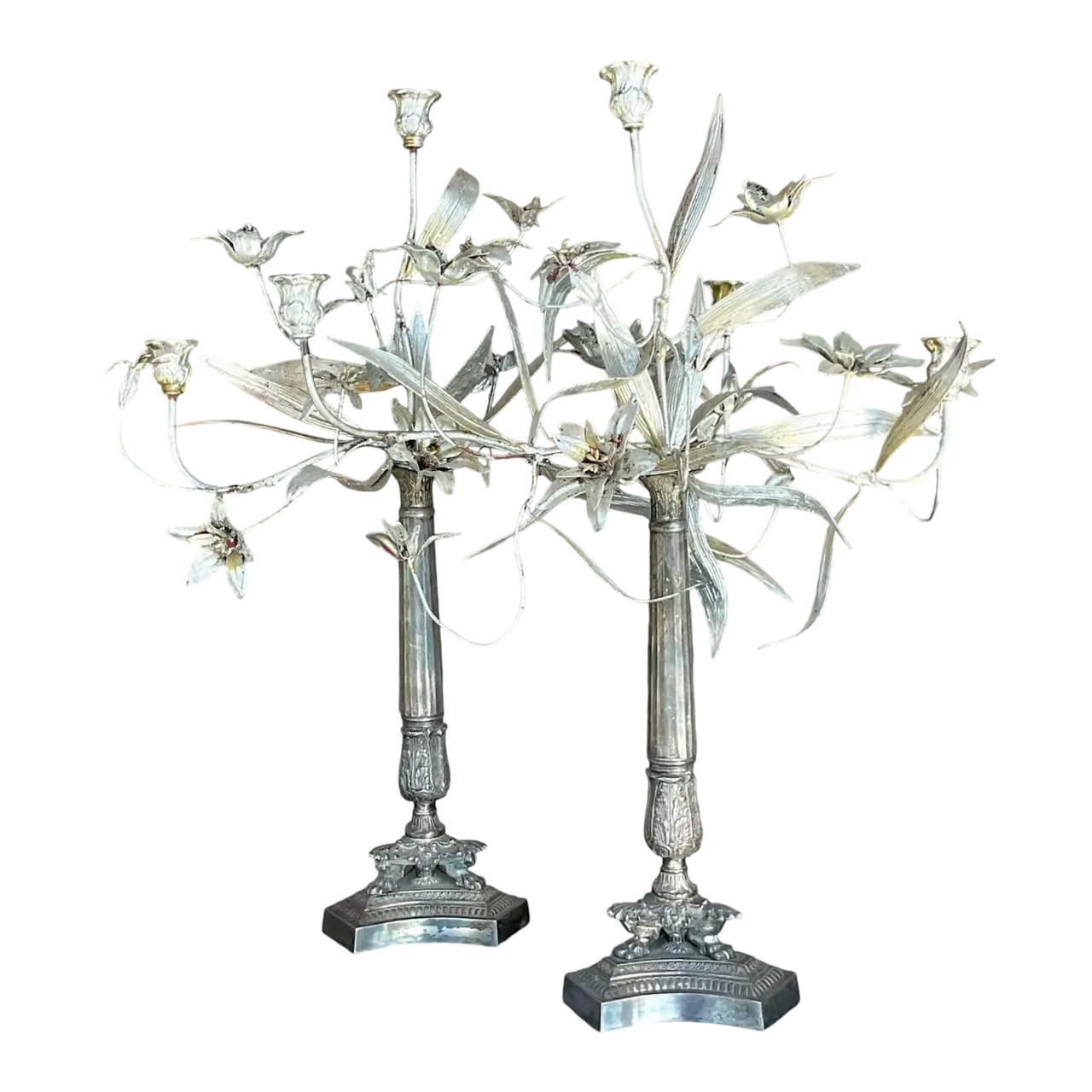 Vintage Boho Silver Floral Candelabras - a Pair