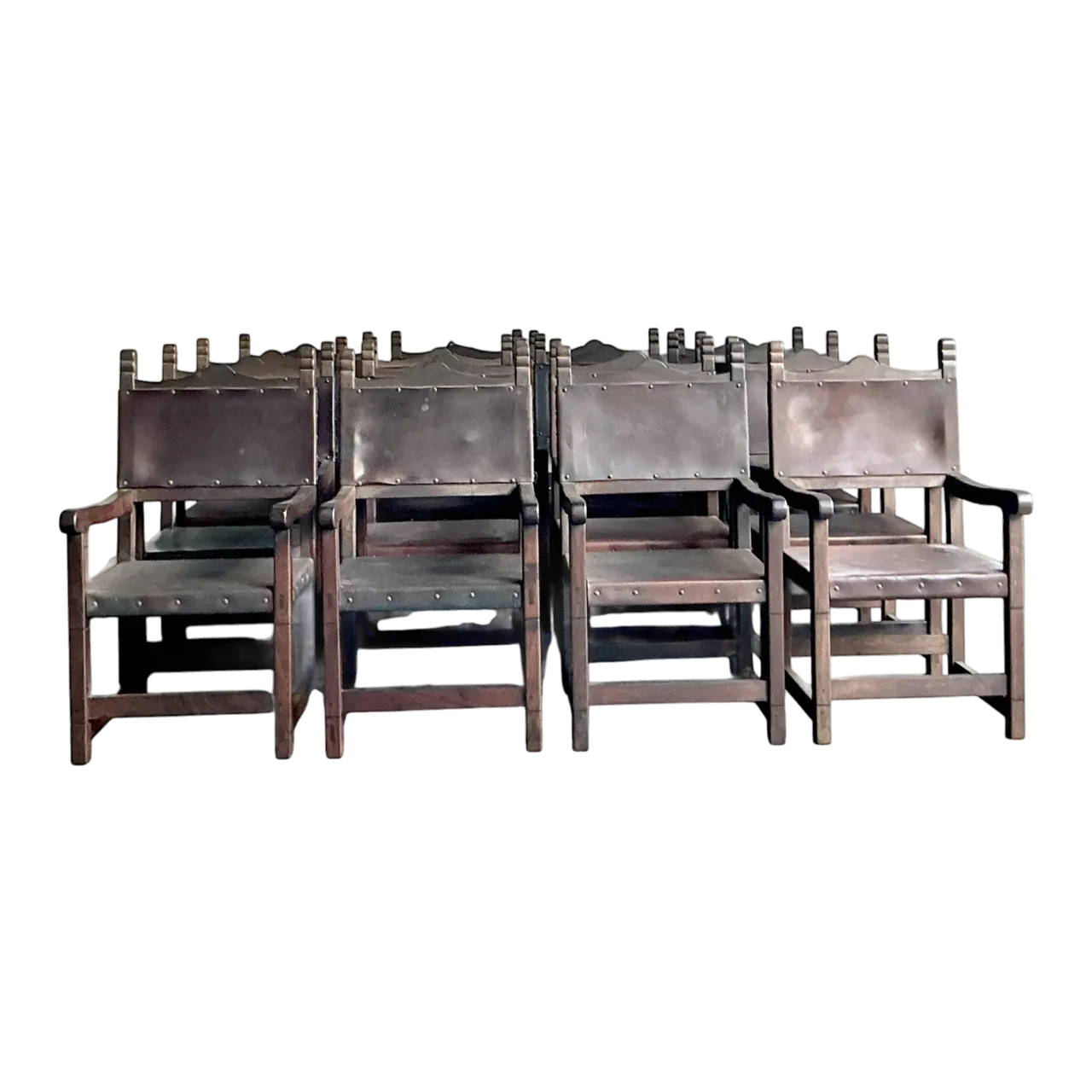 Vintage Boho Spanish Hand Crafted Leather Dining Chairs - Set of 16