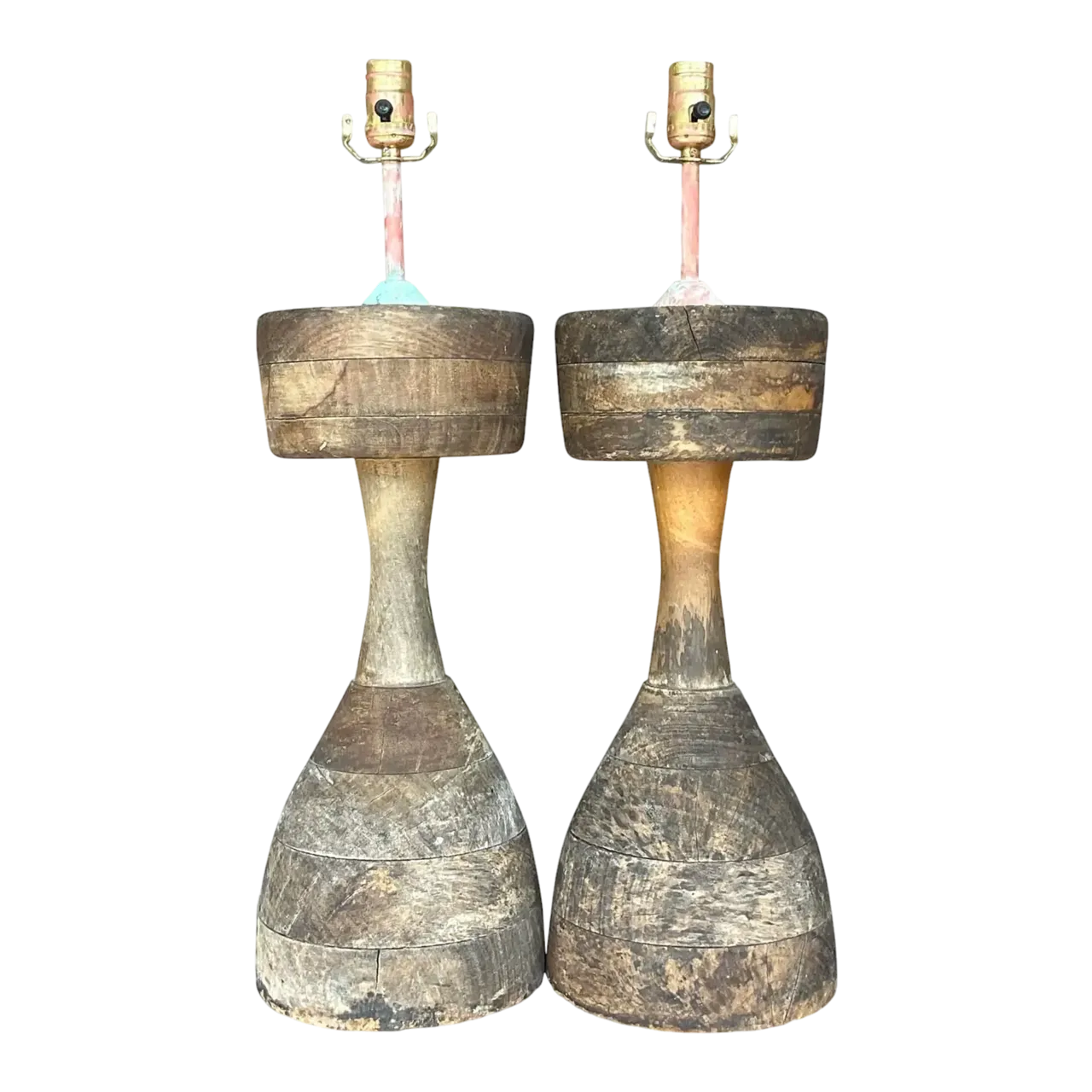 Vintage Boho Stacked Distressed Wood Lamps - a Pair
