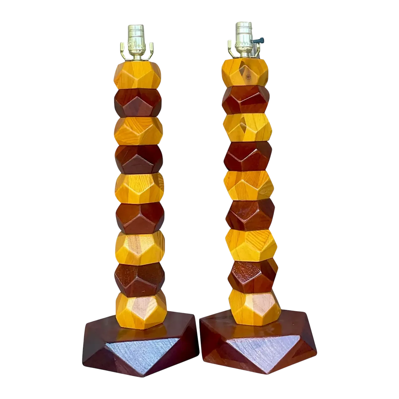 Vintage Boho Stacked Faceted Wood Block Lamps - a Pair