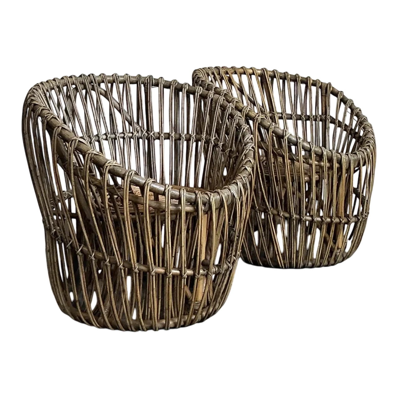 Vintage Boho Stick Rattan Nest Chairs - A Pair