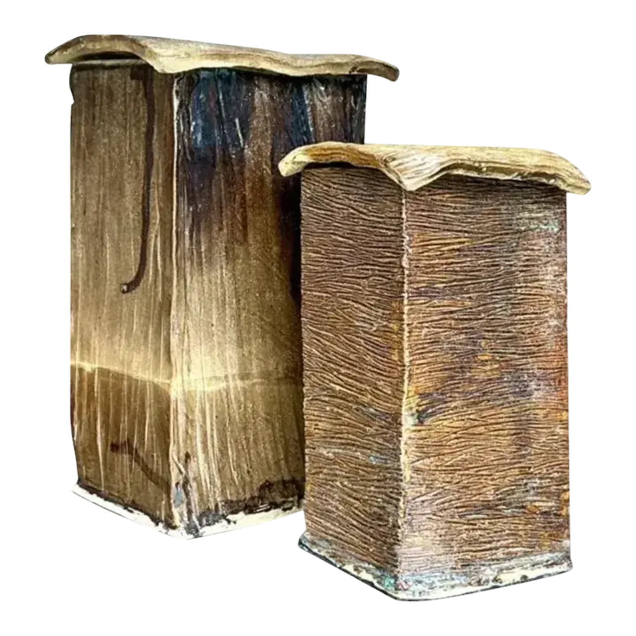 Vintage Boho Studio Pottery Square Lidded Vases - Set of 2