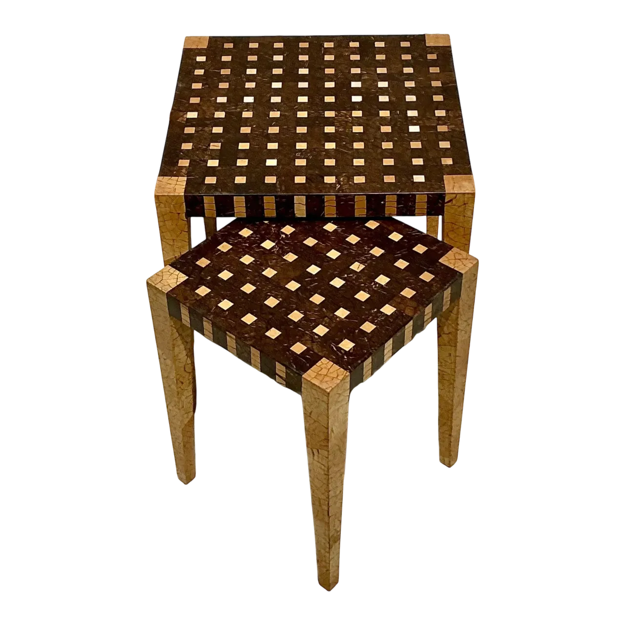 Vintage Boho Tessellated Coconut Shell Nesting Tables - Set of 2
