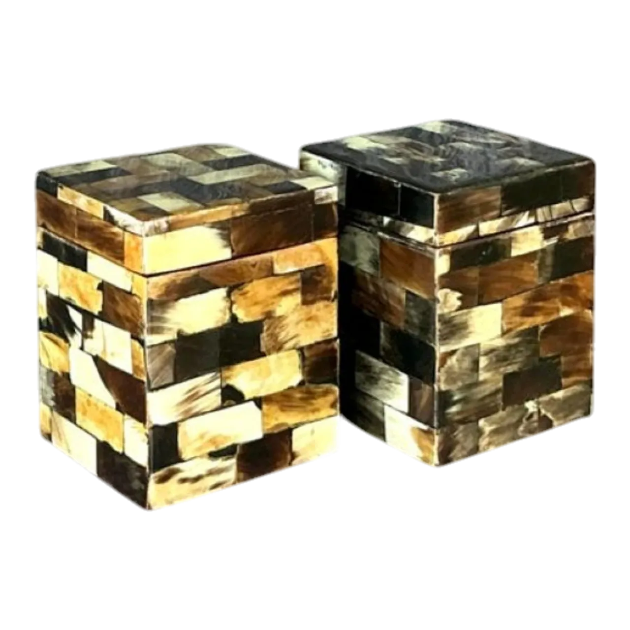 Vintage Boho Tessellated Horn Trinket Boxes - A Pair