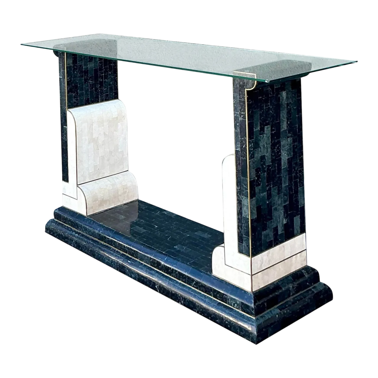 Vintage Boho Tessellated Stone and Brass Inlay Console Table