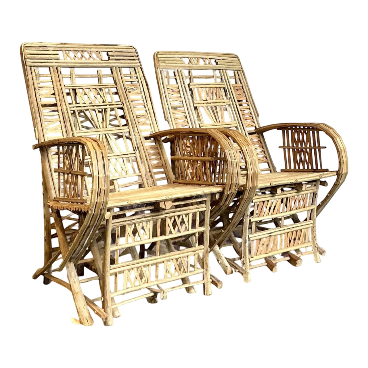 Vintage Boho Trellis Rattan Lounge Chairs - Set of 2
