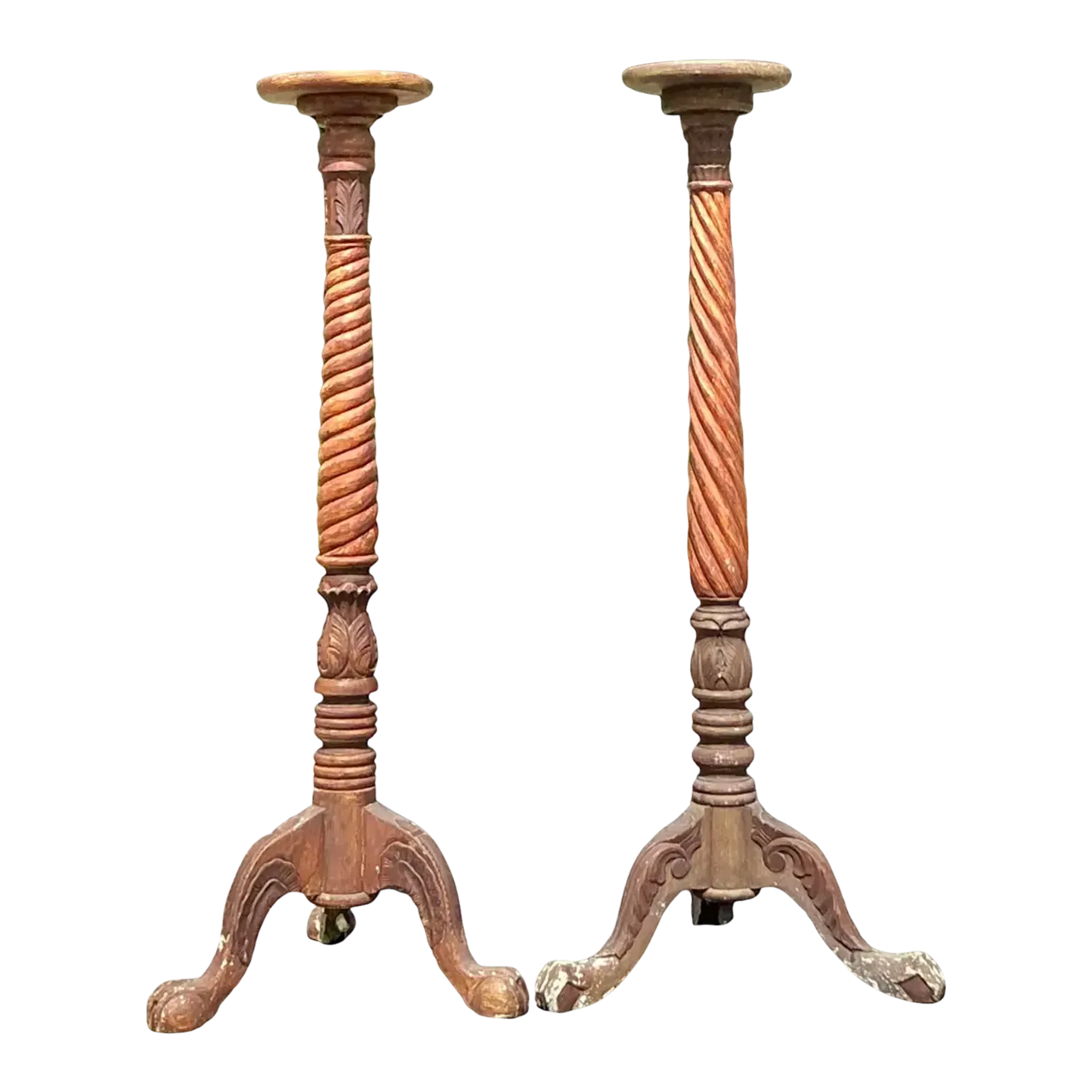 Vintage Boho Turned Wood Candlestick Pedestals - Set of 2